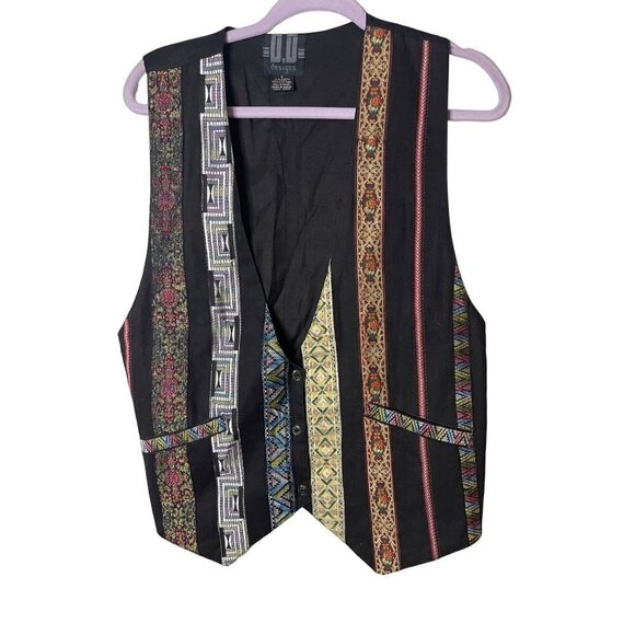 D D Designs Vintage Womens Vest Size Small Black Multi Tapestry Metallic Ribbon - Picture 1 of 12